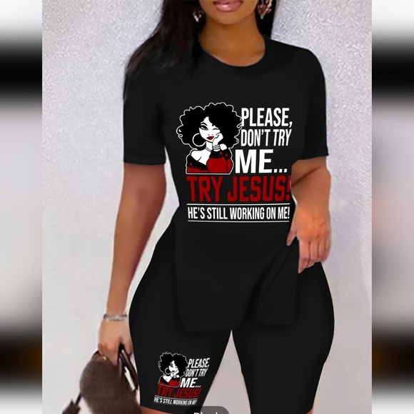 Womens Black / White / Red "Please Don't Try Me, Try Jesus" 2-Piece Shorts Set - Picture 8 of 11